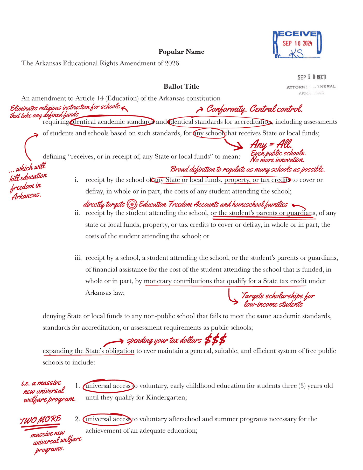 Marked-up ballot title page 1 with handwritten red annotations
